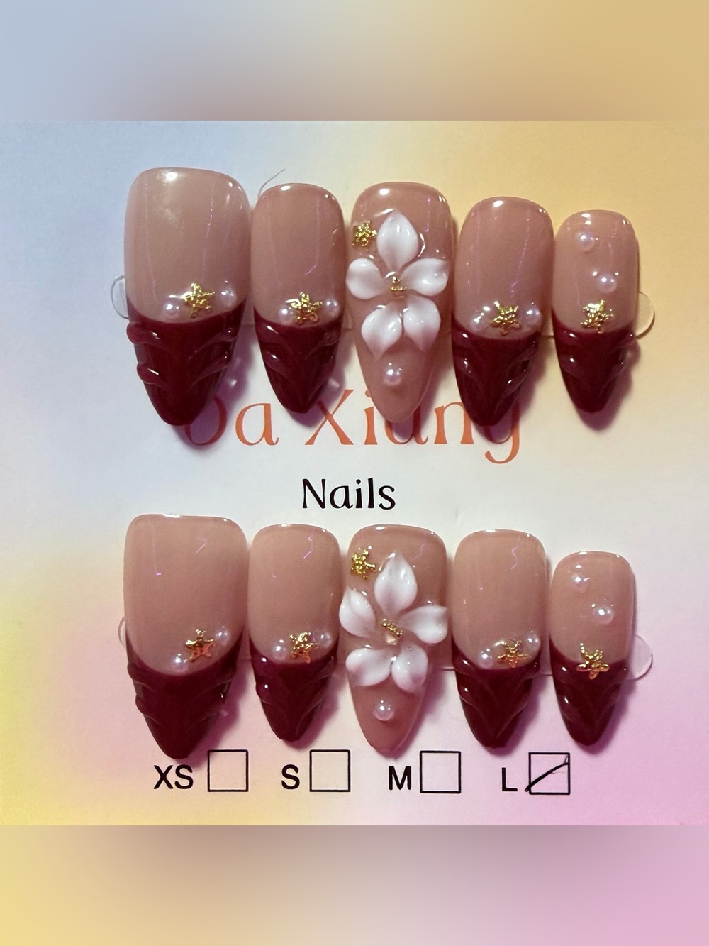 Elegant Nude & Burgundy Floral Press-On Nails - Women's Makeup